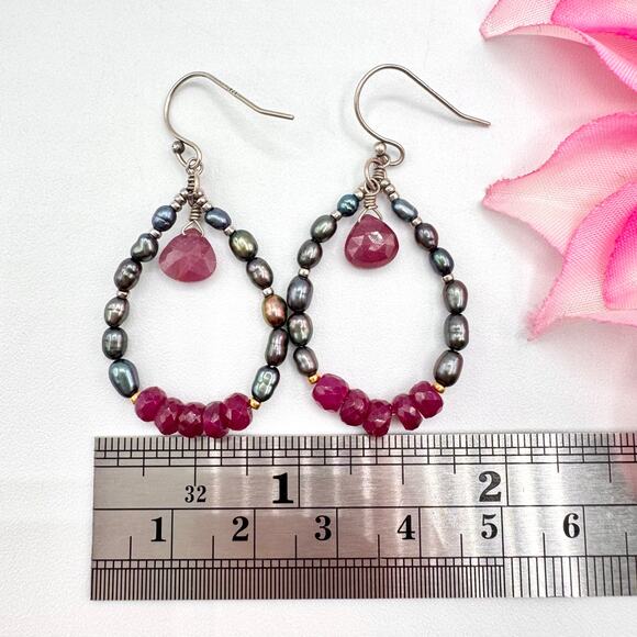 Gray Peackcock Pearl Ruby Bead Drop Hoop Dangle Earrings 925 Stamped Mermaidcore - Picture 7 of 9